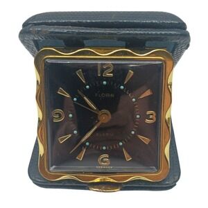 Vtg FLORN Wind Up Travel Alarm Clock w/ glow in the dark jewel face, made German